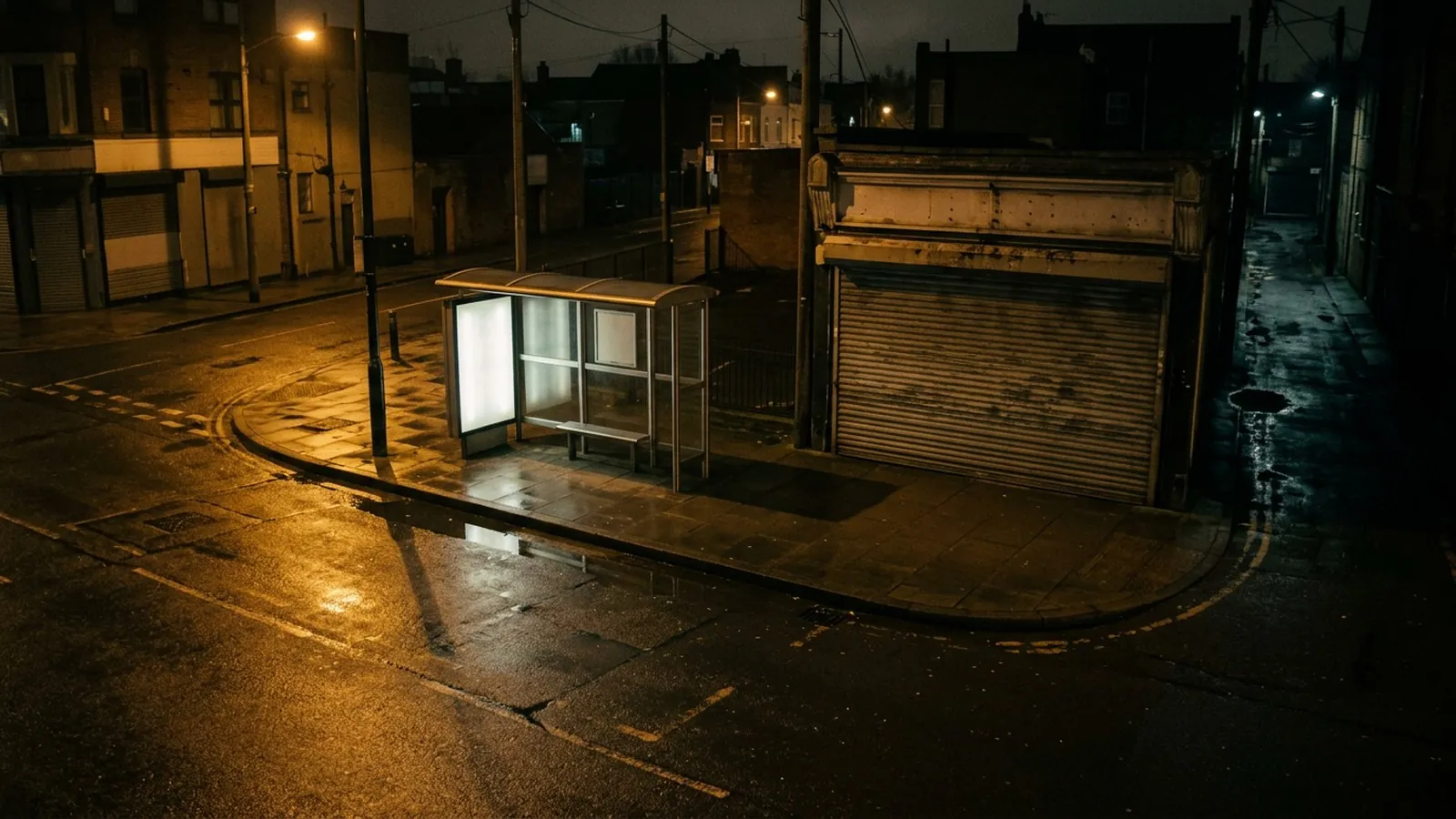 A night street corner seen from a high CCTV camera angle, wet asphalt reflecting sodium streetlights, a bus shelter and a closed shop shutter, slightly grainy surveillance look, cinematic, realistic photo, no people, no text, no timestamp