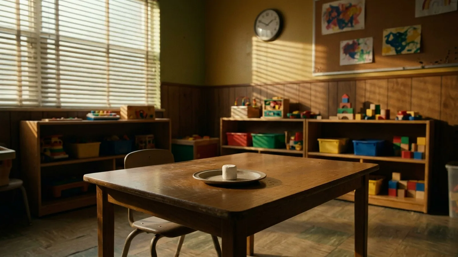 A single white marshmallow on a small plate in the middle of an empty wooden table in a dim 1970s preschool room, a child-sized chair pushed back, a wall clock above, late afternoon light through blinds, cinematic, realistic photo, moody shadows, no people, no text